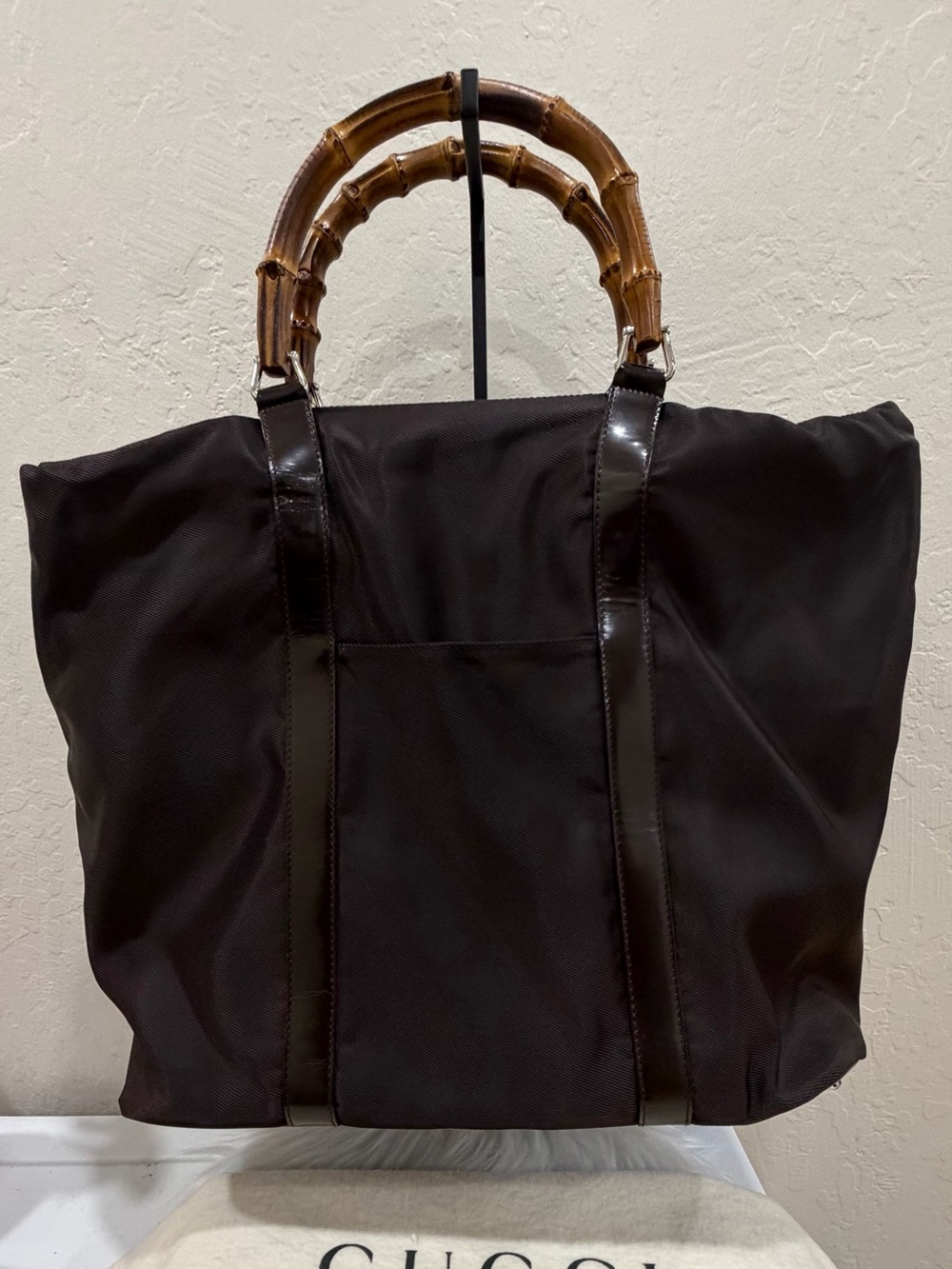 Gucci Black Nylon Tote with Bamboo Top Handles